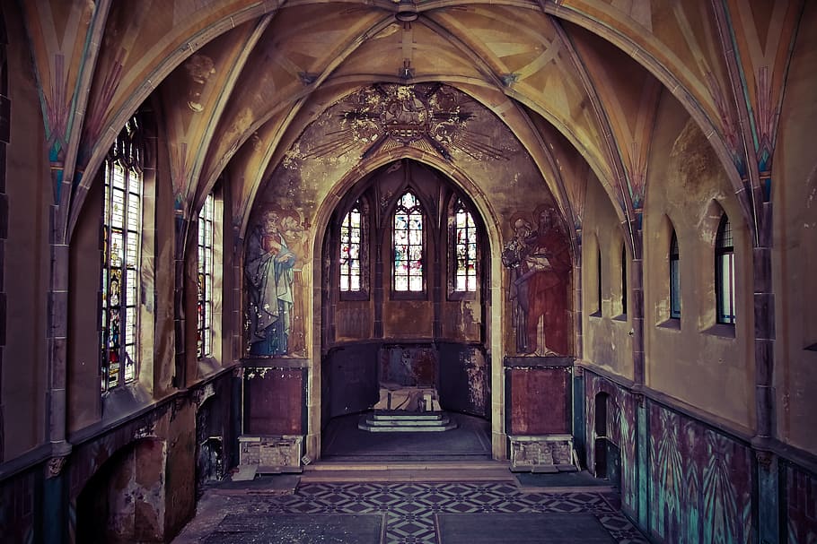 gold-colored wall structure, lost places, lapsed, leave, ruin HD wallpaper