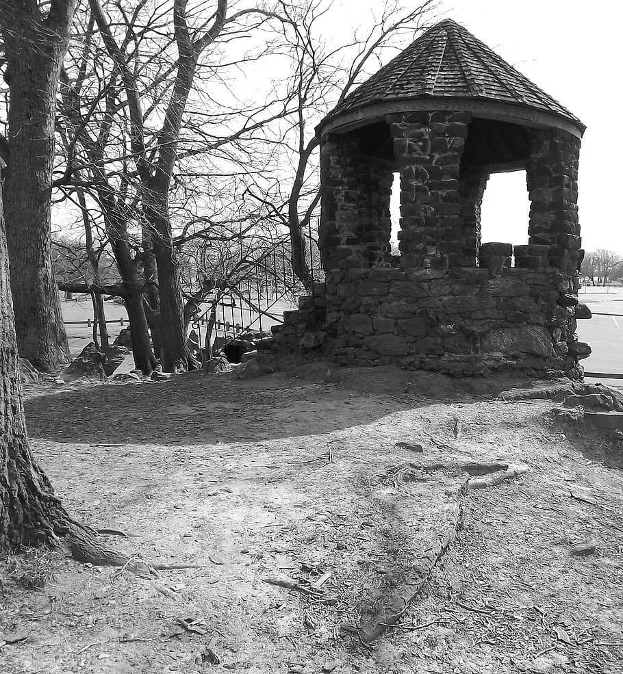 castle, rock, black, white, park, trees, black and white, monochrome HD wallpaper