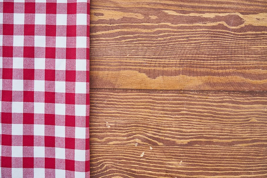 white and red gingham table cloth on brown table, fabric, plaid, HD wallpaper
