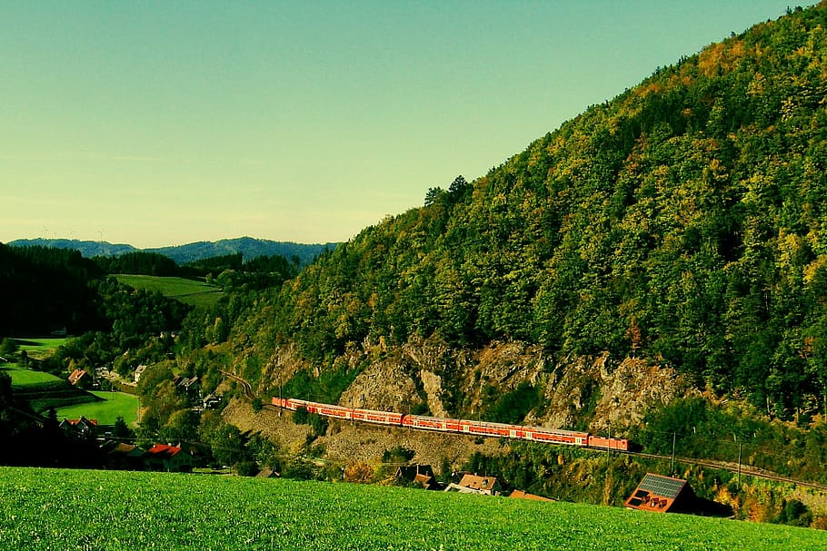 landscape, train, railroad, mountains, forest, trees, woods HD wallpaper