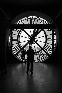 abstract, clock, dark, indoors, man, people, roman numerals HD wallpaper