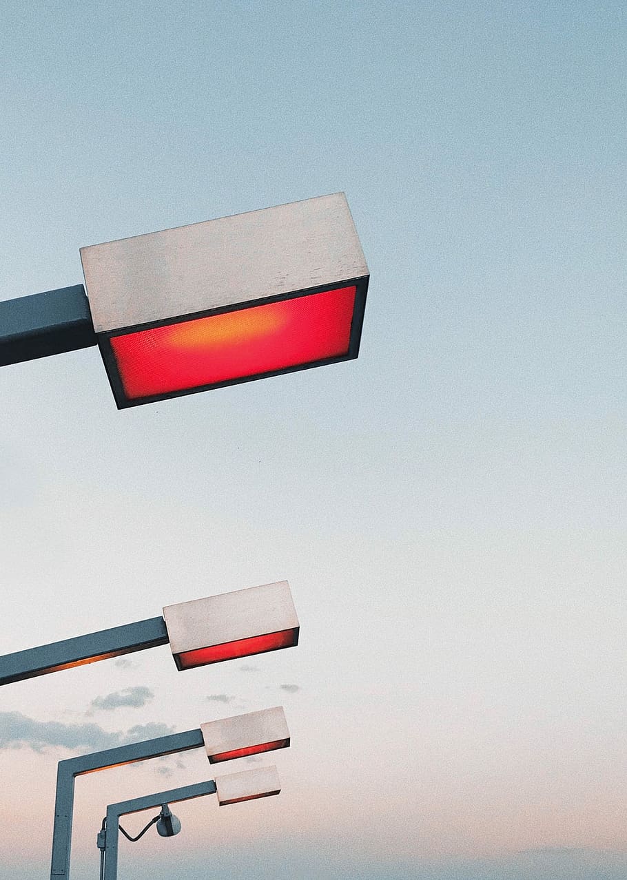 turned on street light, black and grey electric post lamp, red HD wallpaper