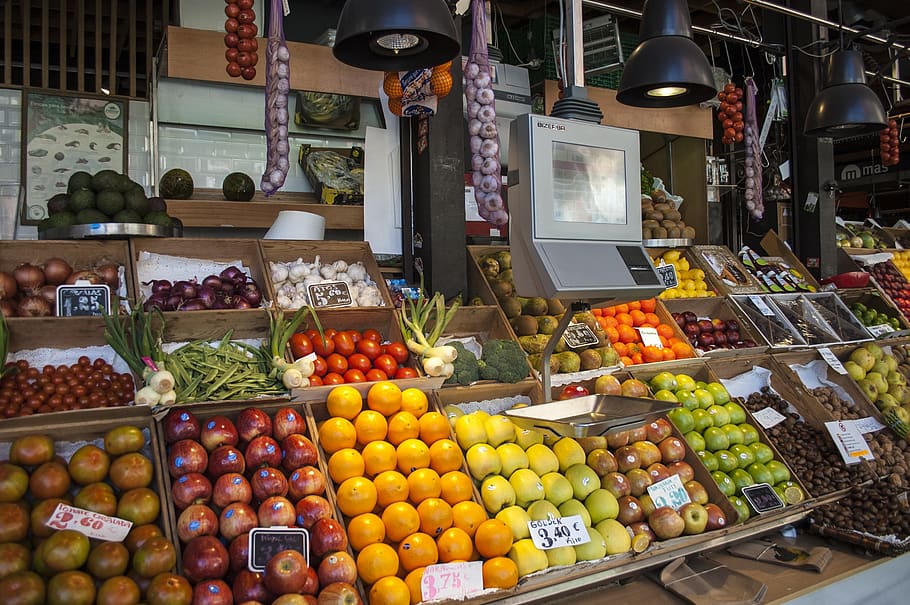greengrocers, fruit, scale, market, san miguel market, shop, HD wallpaper
