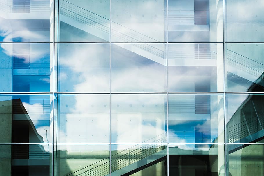 sky and clouds reflected on glass panels, architecture, reflection HD wallpaper