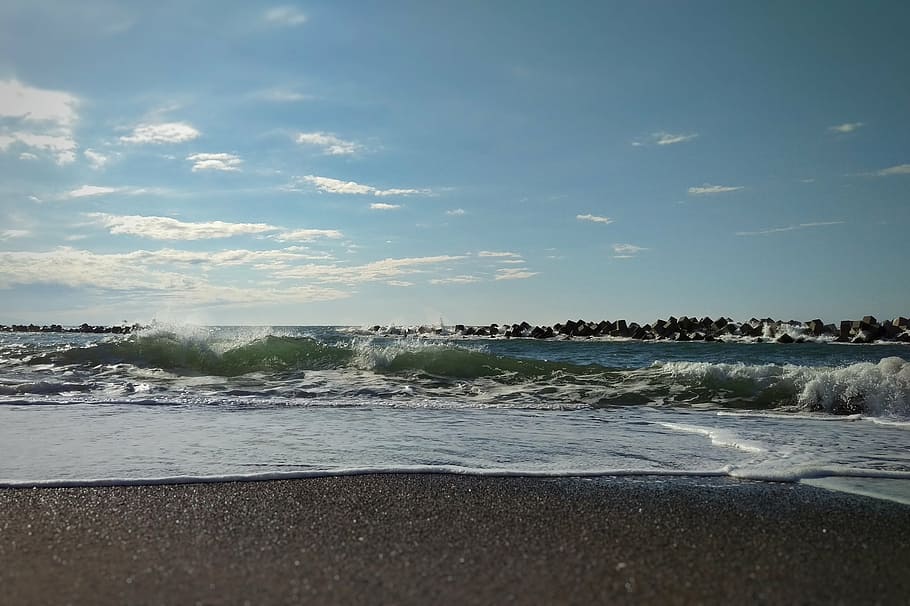sky, sea, beach, wave, foam, bubble, natural, landscape, walk HD wallpaper