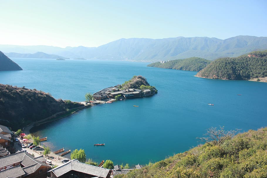 lijiang, lugu lake, the scenery, landscape, island, water, sea, HD wallpaper