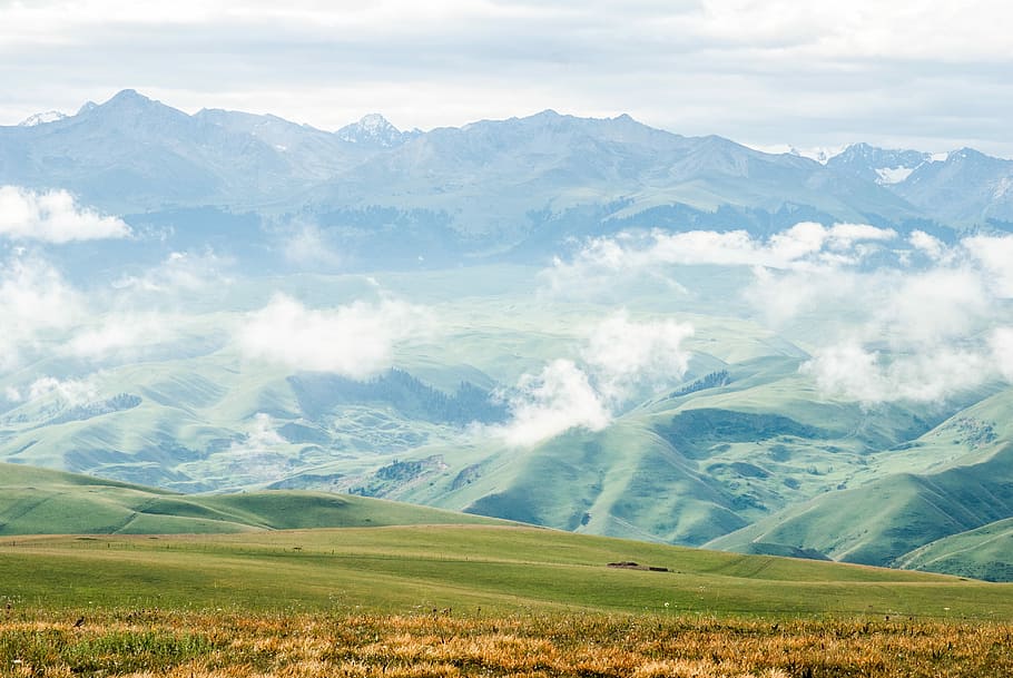white clouds over green lands during daytime, nature, mountain HD wallpaper
