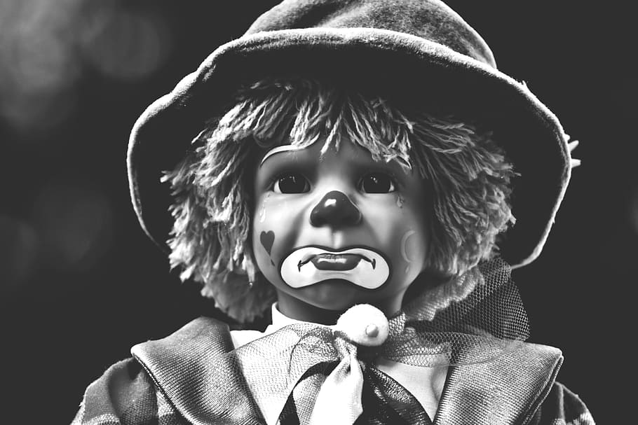 doll, clown, sad, black and white, sweet, funny, toys, children, HD wallpaper