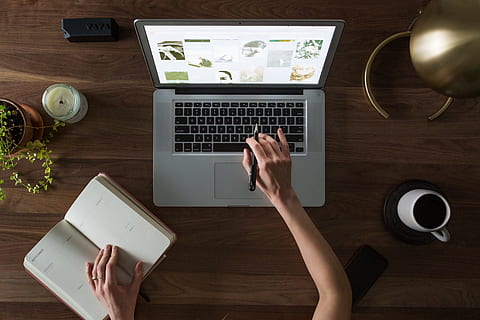 person using MacBook Pro and notebook, laptop, computer, browser HD wallpaper