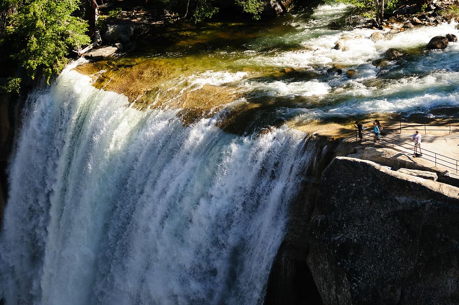 Top of Vernall Fall., two man standing on falls, waterfall, river HD wallpaper