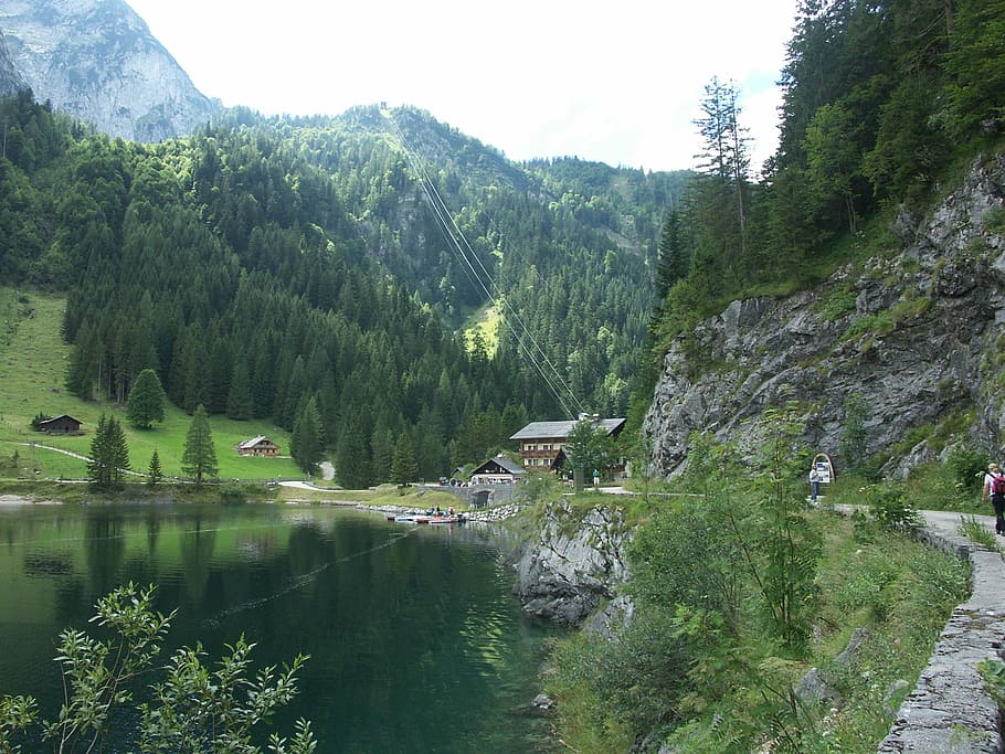 Dachstein, Lake, Mountains, gosausee, forest, hut, rock, panorama HD wallpaper