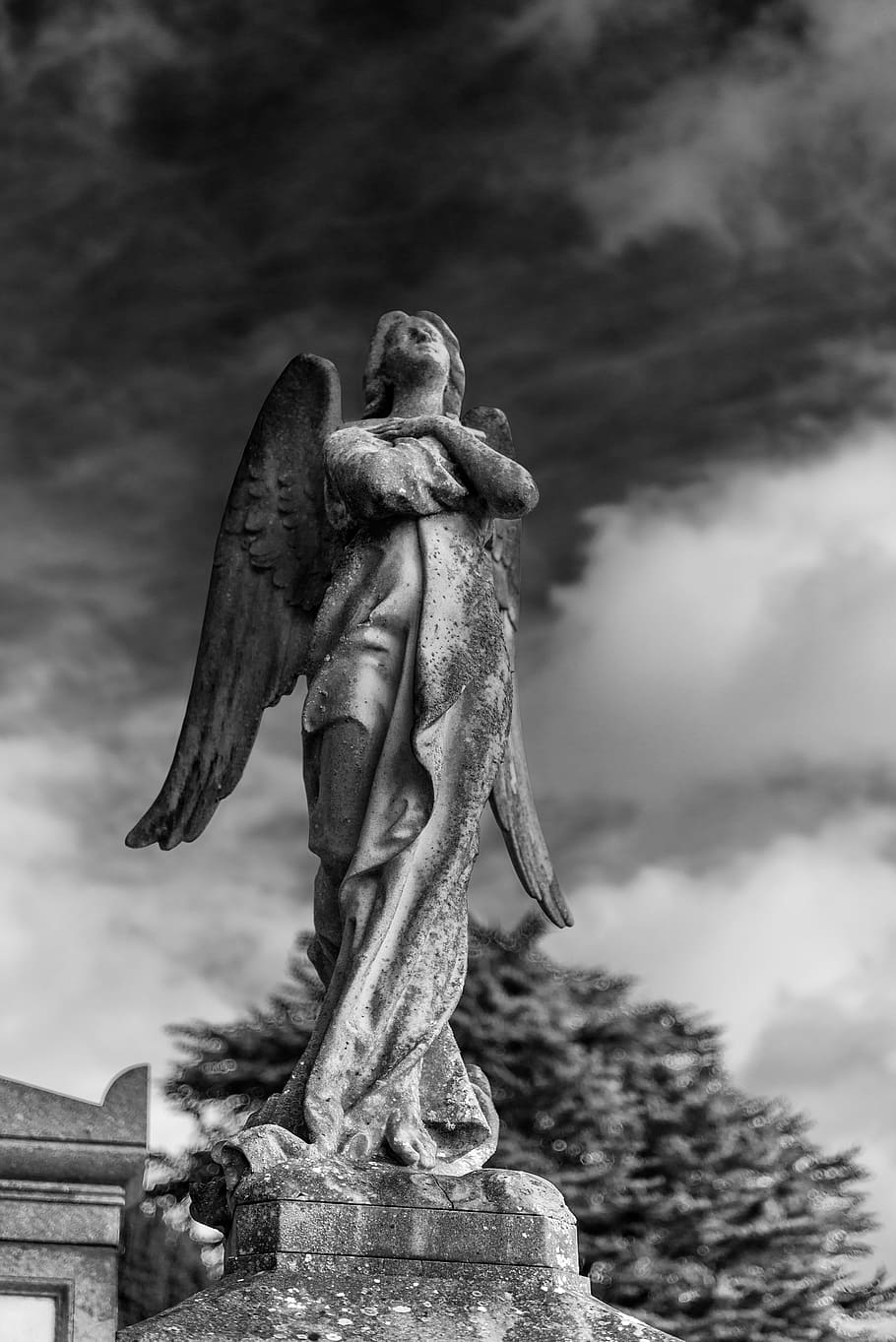gray angel statue under cloudy sky, death, graveyard, cemetery