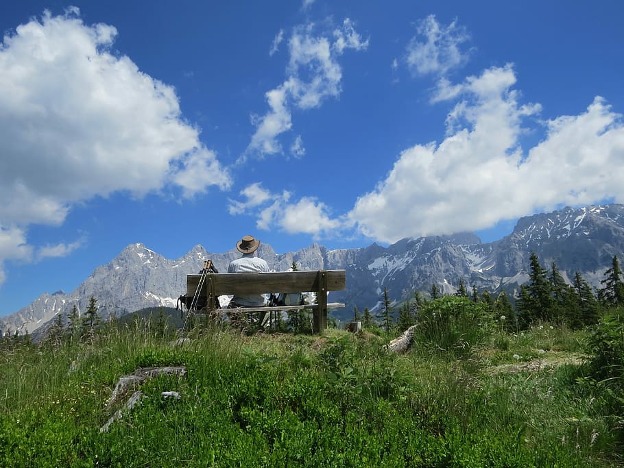 mountains, landscape, nature, view, bank, clouds, blue sky HD wallpaper