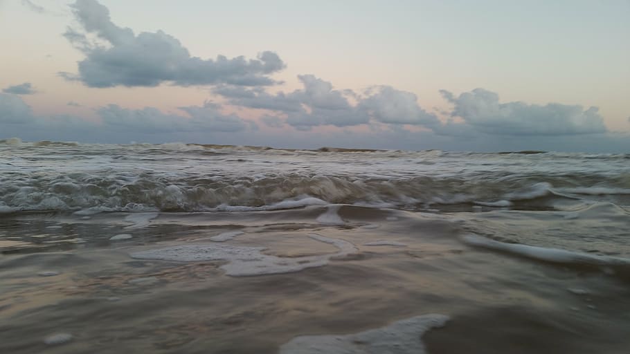 waves, sunset, clouds, beach, water, sky, nature, landscape HD wallpaper