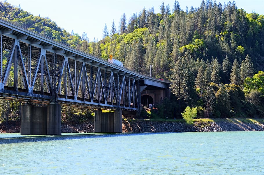 bridge, lake, trees, water, plant, built structure, river, bridge - man made structure HD wallpaper