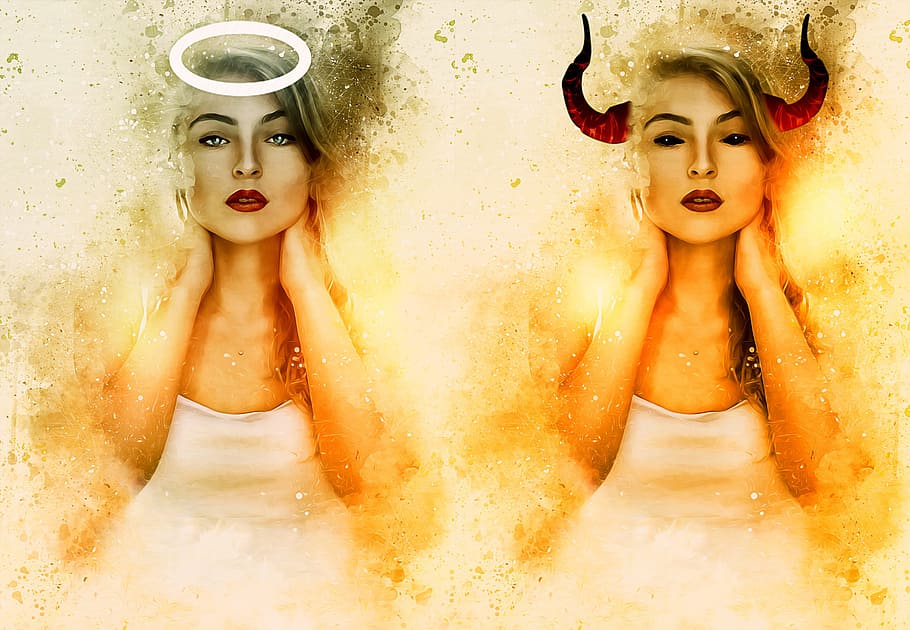 illustration of a woman wearing white top, angel, devil, angel and devil