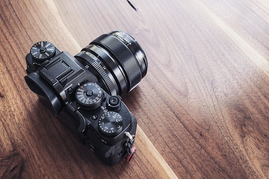 black dslr camera on brown wooden table, objects, lazy, photography, HD wallpaper