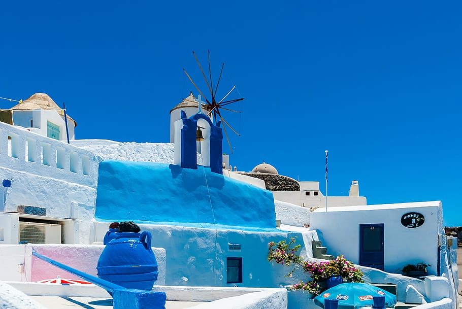 white concrete houses in daytime, greece, santorini, the sun, HD wallpaper