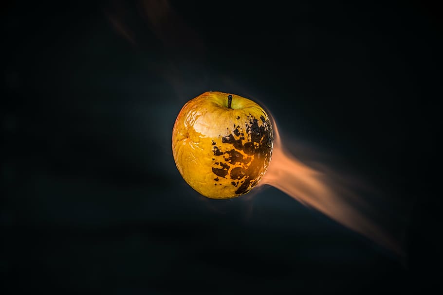 yellow apple against black background, close, photo, burned HD wallpaper