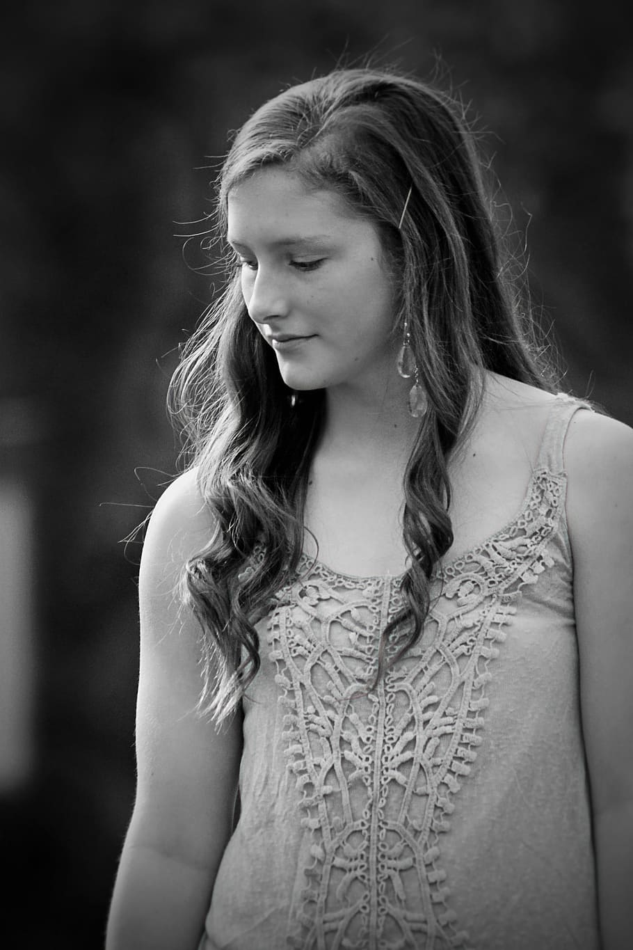 grayscale photo of woman wearing lace tank top, girl, young HD wallpaper