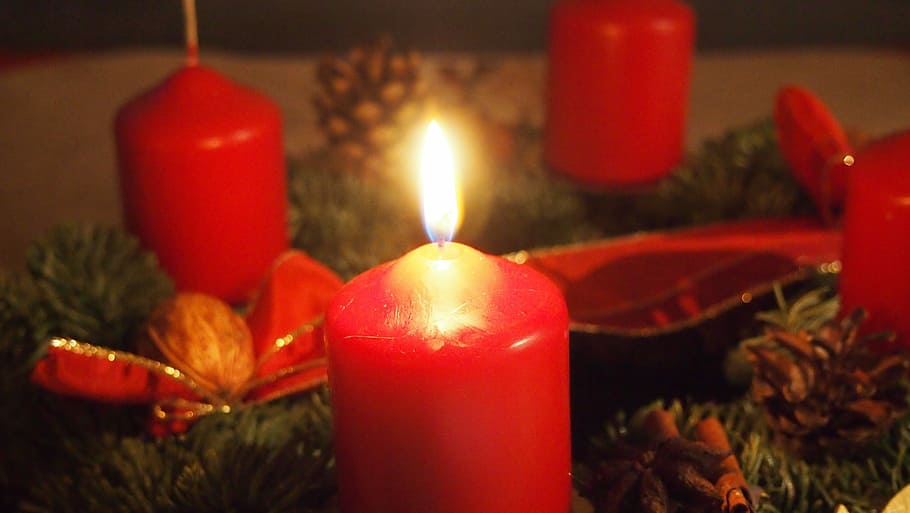 red tealight, Advent Wreath, Candle, flame, burning, close-up HD wallpaper