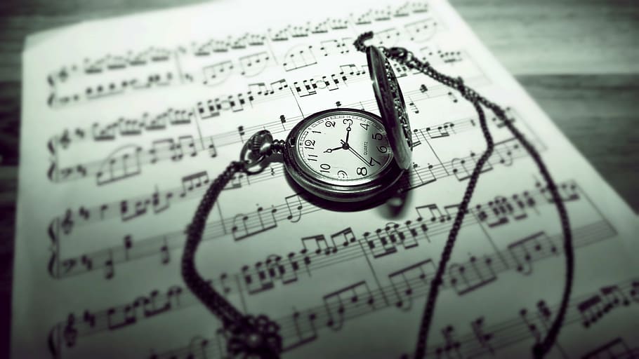 round silver-colored pocket watch on white music note paper HD wallpaper