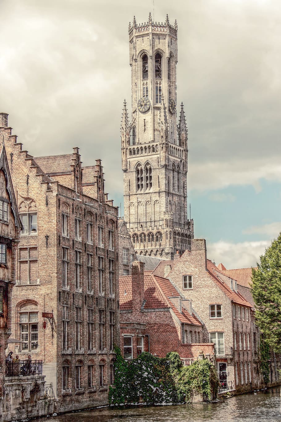 white and pink tower illustration, belfry, bruges, canal, channel