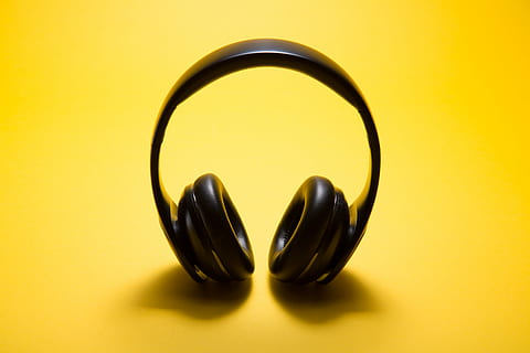 black wireless headphones, yellow, shadow, music, ear defender HD wallpaper