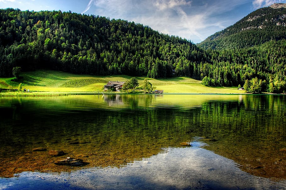 body of water beside mountain surrounding by trees, tyrol, mountains, HD wallpaper