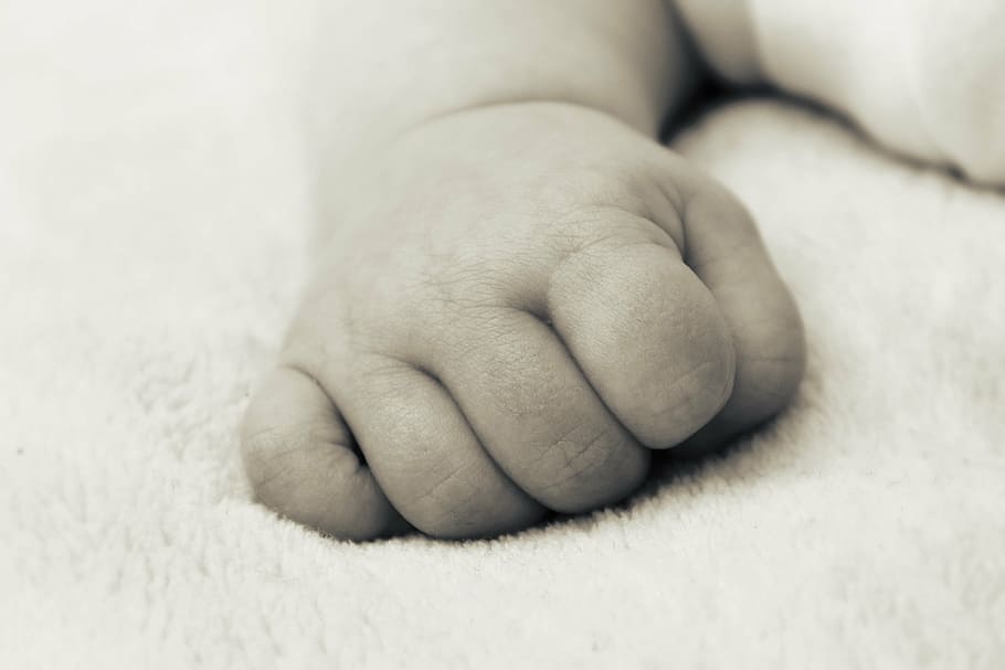 grayscale photography of baby's hand, newborn, small, finger, HD wallpaper