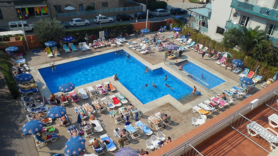 pool, vacation, hotel, high angle view, swimming pool, water HD wallpaper
