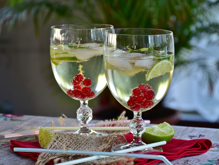 two filled clear wineglasses, cocktail, prosecco, lime, drink, HD wallpaper
