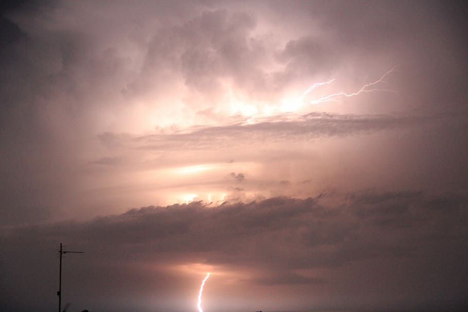 Lightning, Storm, Evening, sky, cloud - sky, sunset, dramatic sky HD wallpaper