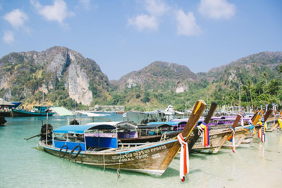 Islands, Phi Phi, Thailand, Nature, landscape, sea, beach, boats HD wallpaper