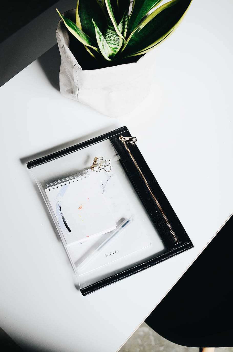black pouch on white table near snake plant, spiral book near snake plant HD wallpaper