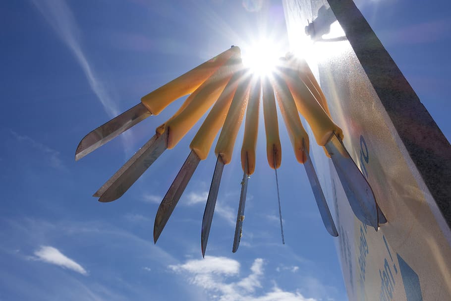 knife, yellow, handle, sun, sky, backlighting, cut, pick your own HD wallpaper