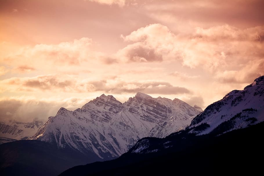sunset, dusk, sky, clouds, mountains, landscape, nature, peaks HD wallpaper
