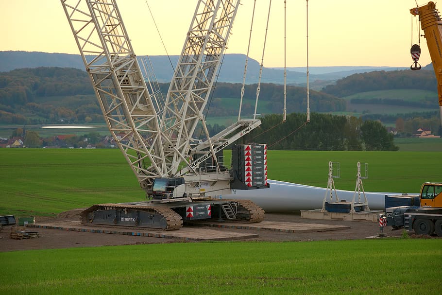 wind park, site, mega crane, evening sun, transportation, nature HD wallpaper