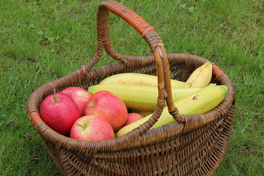 yellow bananas and red apples in brown wicker basket, fruit HD wallpaper