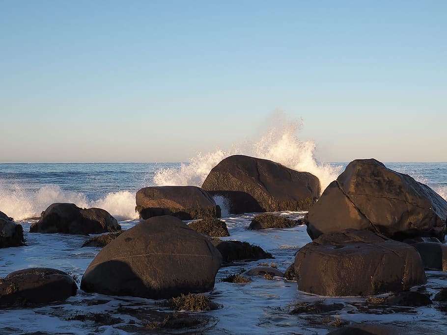 Waves, Sea, Stone, Nature, Water, Splash, storm, sunlight, horizon HD wallpaper