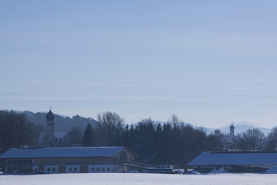 winter, snow, trees, mountains, churches, baroque, blue, haze HD wallpaper