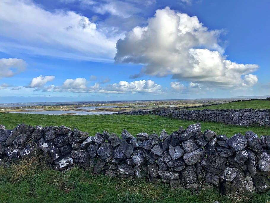 ireland, rocks, wall, clouds, green, view, cloud - sky, nature HD wallpaper