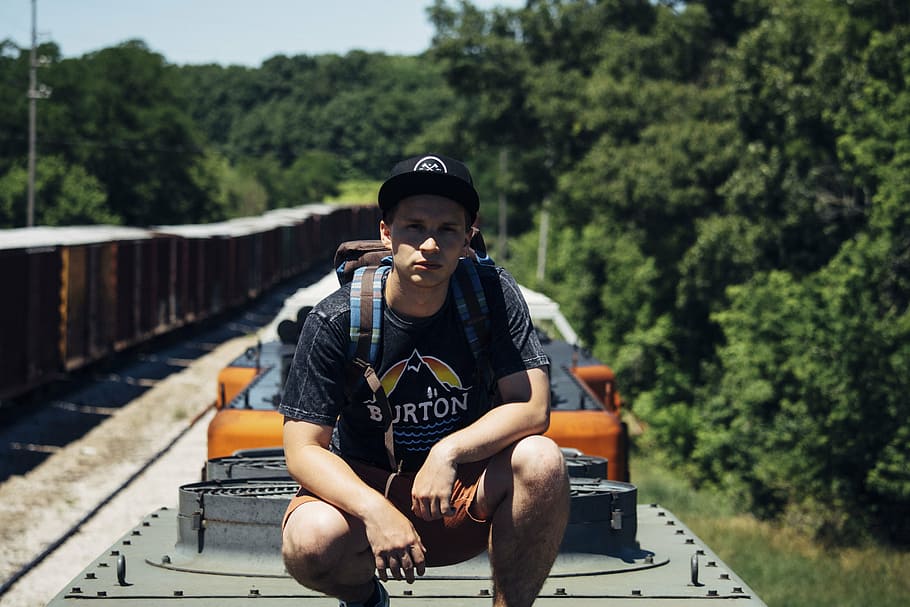 man sitting on train roof, people, nature, landscape, trees HD wallpaper