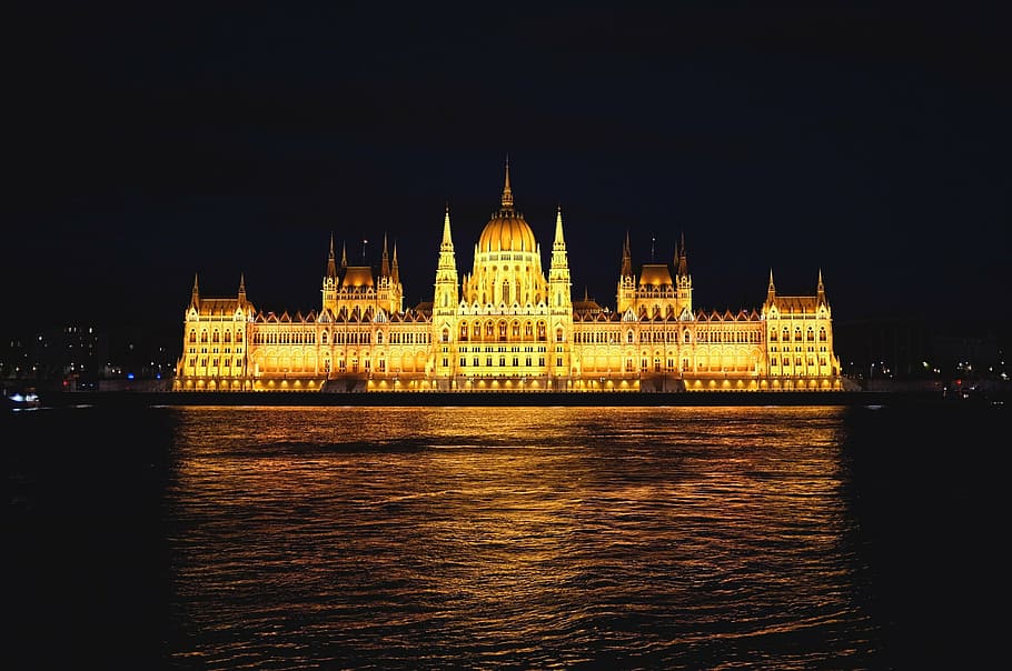 brown building at nighttime, budapest, parliament, danube, river HD wallpaper