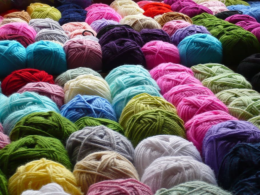 assorted-color yarn lot, yarns, display, wool, rolls, textiles