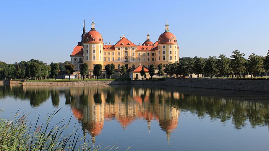 red and beige concrete building near body of water, moritzburg HD wallpaper