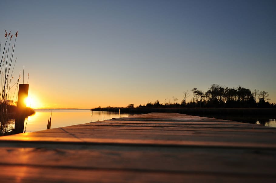 sunset, boardwalk, water, sky, wooden, vacation, coast, nature HD wallpaper