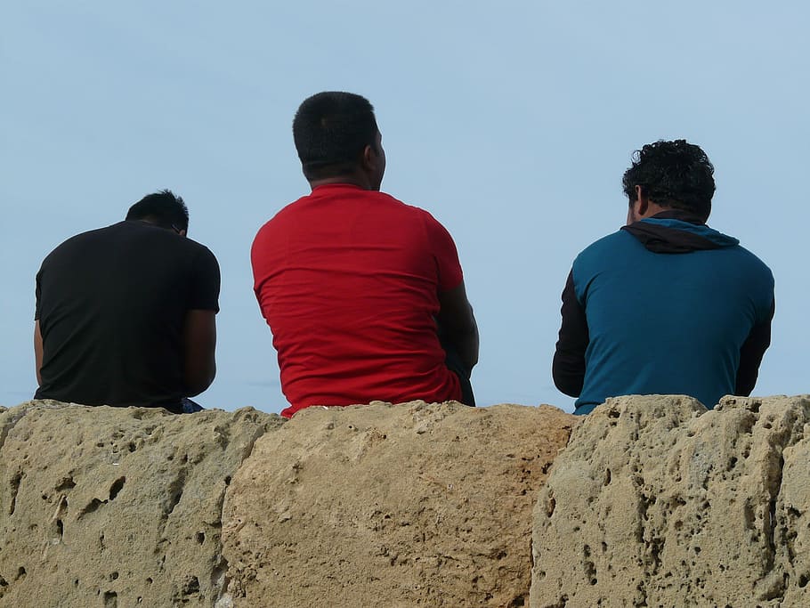 men, sitting, cyprus, move, wall, rear view, real people, sky HD wallpaper