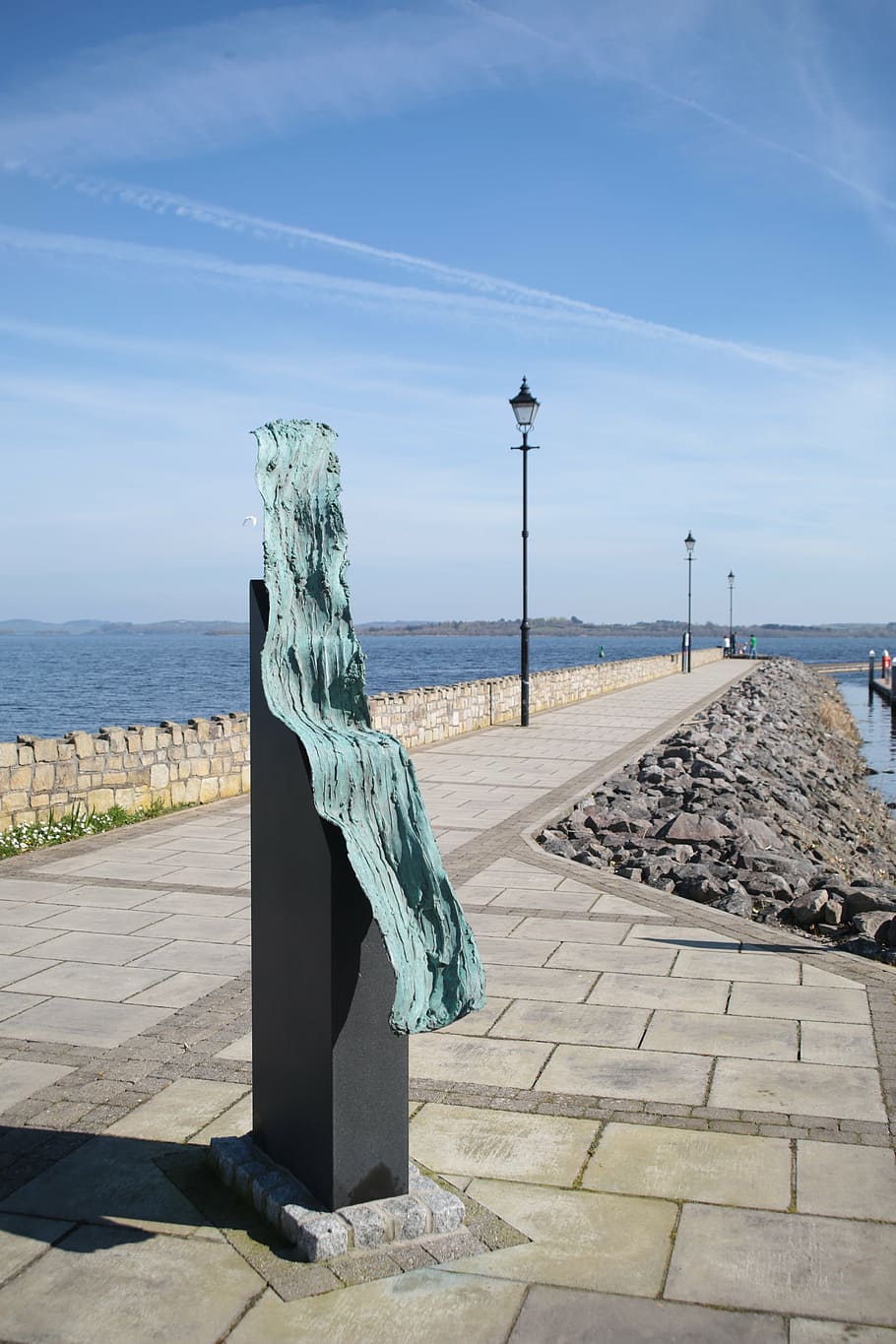statue, pier, lamps, sky, water, sea, nature, day, sunlight HD wallpaper