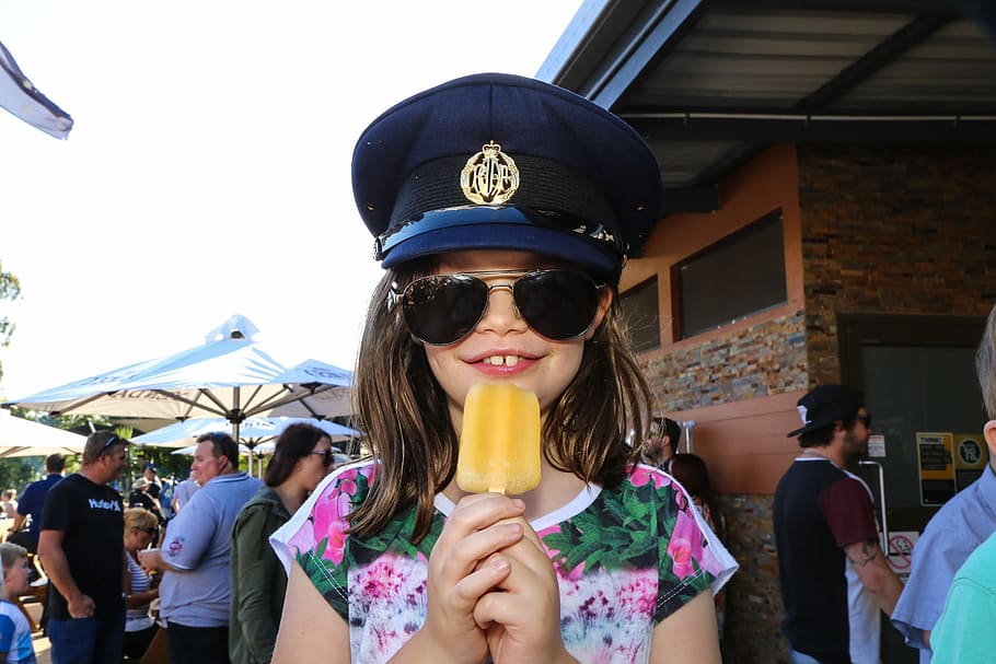 Cute Girl, Eating, Iced, Lolly, Pilot, Hat, iced lolly, pilot hat